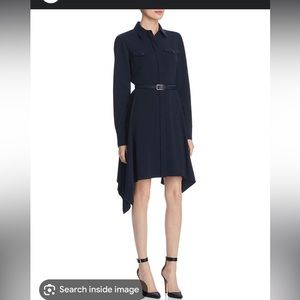 Elie Tahari navy blue Roxanne belted shirt dress size 4 hemmed one length